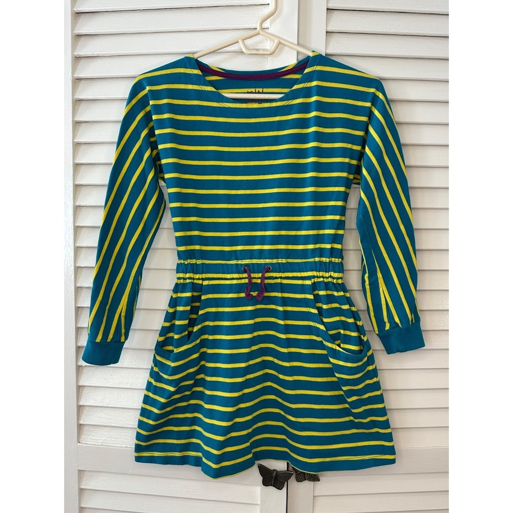 Mini Boden Size 9-10 Teal & Yellow‎ Striped Drawstring Waist Dress